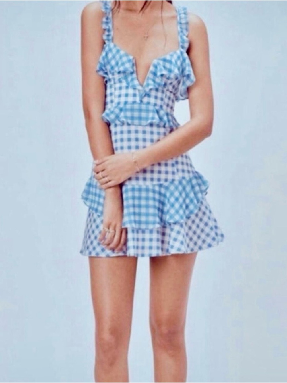 For Love & Lemons Light Blue and White Gingham Dress Size Medium